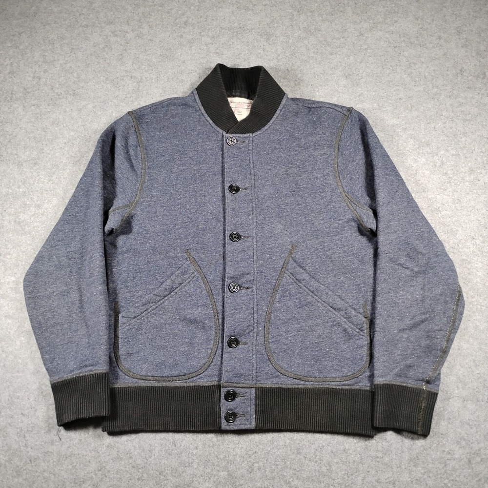 Wallace & Barnes Fleece Bomber Jacket Mens Medium Blue Button Front J7043 J.Crew